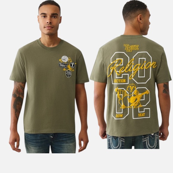 True Religion Other - True Religion Mens SS University Tee Kalamata Green Graphic Patch T-Shirt 109519